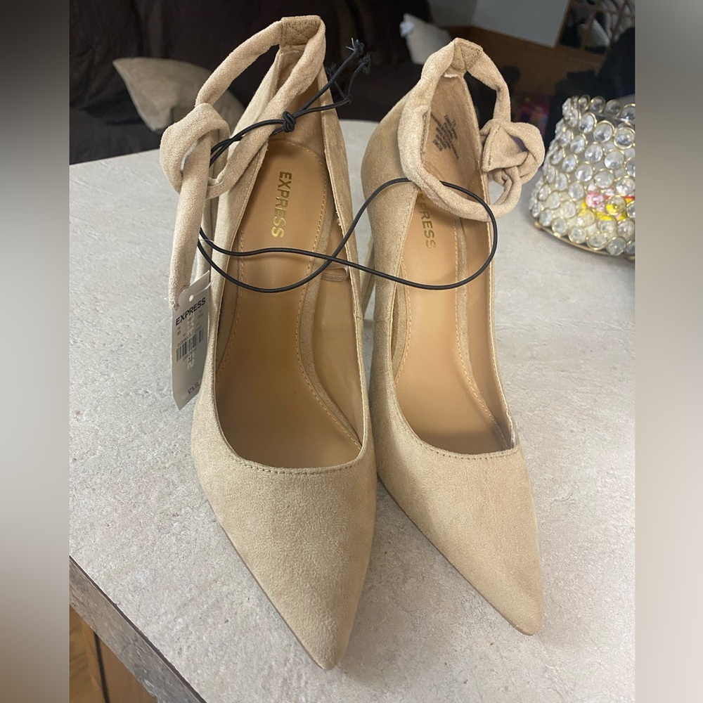 Express Beige Suede Pointed-Toe Ankle Tie Heels